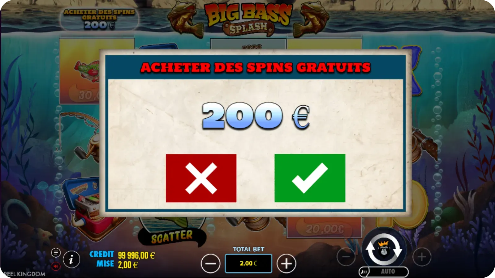 Fenêtre « Acheter des tours gratuits ». Le prix est de 200 € car la mise est de 2 €