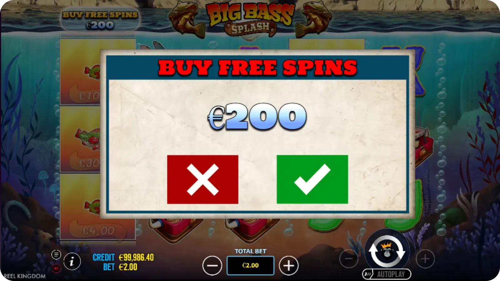 "Buy Free Spins"-venster. Het kost €200 aangezien de inzet €2 is