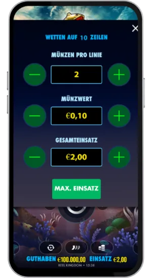 Big Bass Splash ist geöffnet; der Spieler wählt den Einsatzbetrag