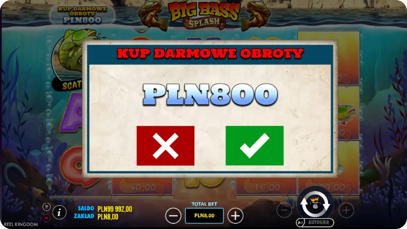 Okno „Kup Darmowe Spiny”. Koszt 800 zł przy stawce 8 zł