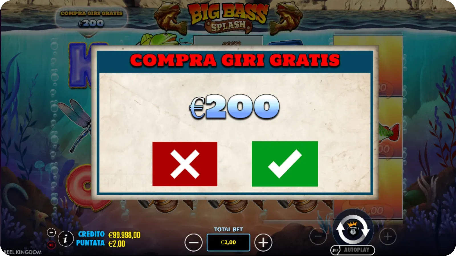 Finestra "Acquista Free Spins". Costa €200 con una puntata di €2