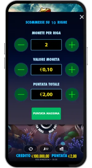 Schermata di Big Bass Splash con selezione dell'importo della puntata