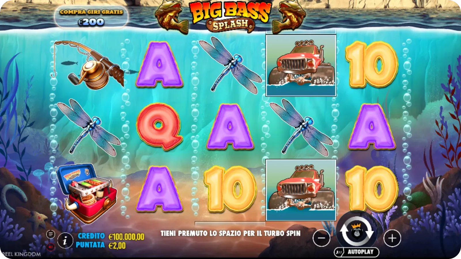 Schermata base di Big Bass Splash con 5 rulli, simboli e interfaccia utente