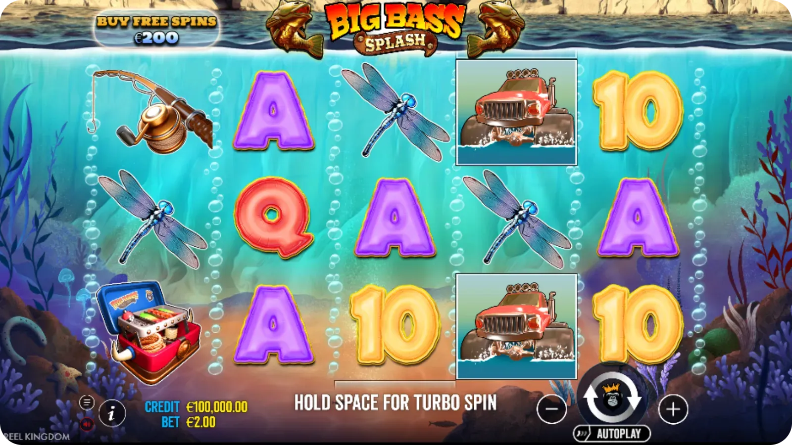 Basis Big Bass Splash scherm met 5 rollen, symbolen en gebruikersinterface