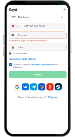 E-posta ve şifre alanlarının boş olduğu kayıt menüsü