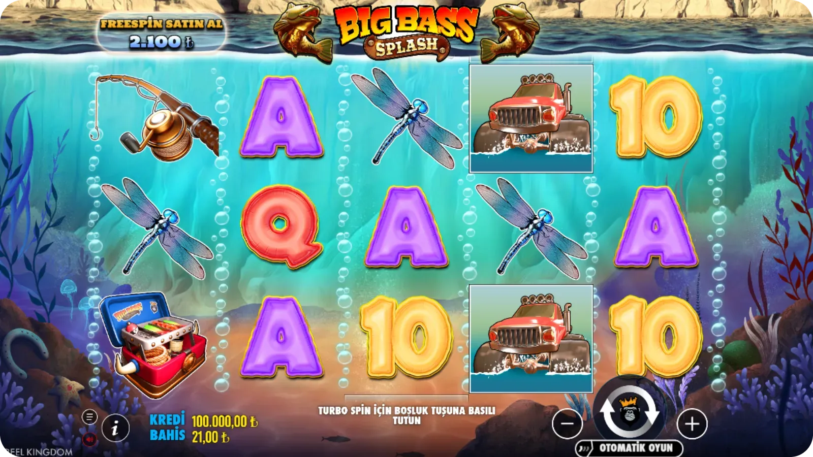 5 makaralı Big Bass Splash ekranı, semboller ve kullanıcı arayüzü